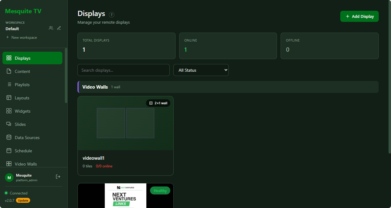 Dashboard principal de Mesquite TV con el resumen de pantallas y videowalls